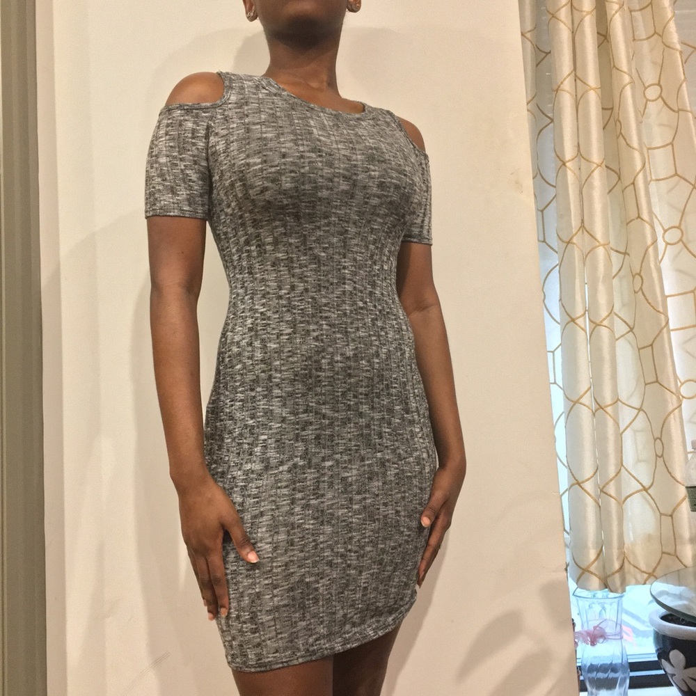 Ribbed White & Grey Cut Out Shoulder Fitted Dress